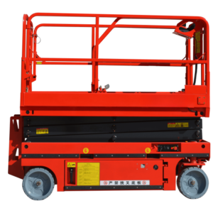 Home mini self-propelled electric scissor lift retracted side view, compact aerial work platform for indoor maintenance