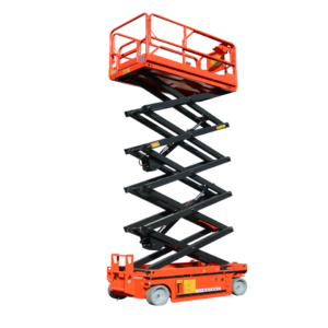 Home 10M-16M red self-propelled scissor lift fully extended, showing maximum working height and safety guardrails