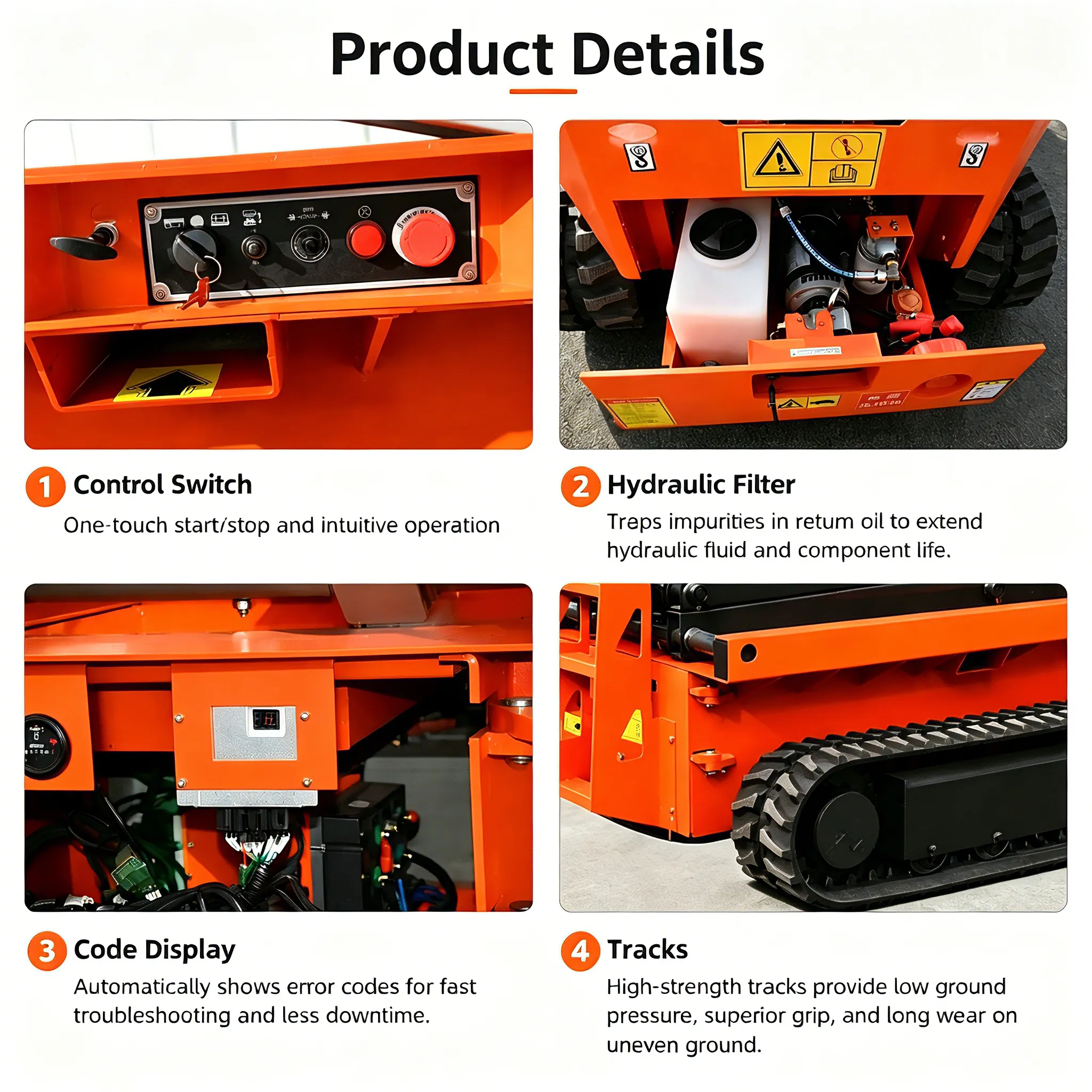 Crawler scissor lift spare parts details control switch hydraulic filter error code display heavy duty rubber tracks tracked aerial platform components