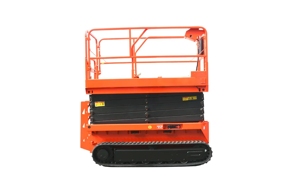 6-12M Rough Terrain Crawler Scissor Lift Folded Front Profile Folded rough terrain crawler scissor lift front view, rubber tracked all-terrain aerial work platform with orange safety guardrail