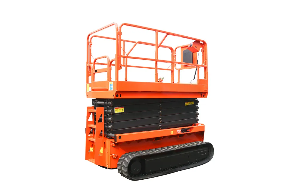 All-Terrain Tracked Crawler Scissor Lift Stowed Side View 45-degree side view of folded all-terrain crawler scissor lift, rubber track rough ground aerial work platform with extendable work platform