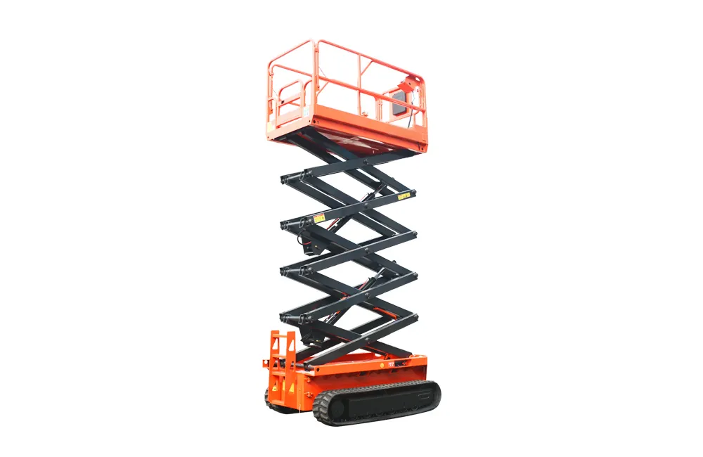 Fully Extended Rough Terrain Tracked Crawler Scissor Lift Working State Fully raised rough terrain crawler scissor lift, all-terrain tracked aerial work platform at maximum working height with orange safety cage