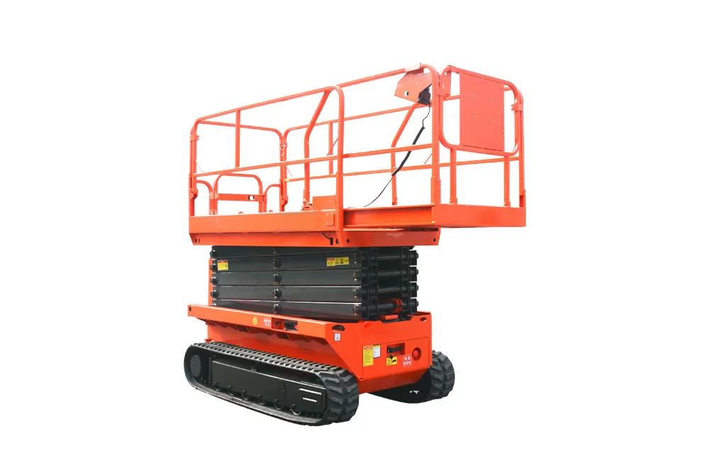 Tracked Crawler Scissor Lift With Extendable Working Platform Rough terrain crawler scissor lift with fully extended pedal work platform, rubber tracked all-terrain aerial lift for tight space operation