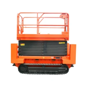 Orange tracked crawler scissor lift folded storage view, rubber track self-propelled aerial work platform with four hydraulic outriggers for uneven terrain