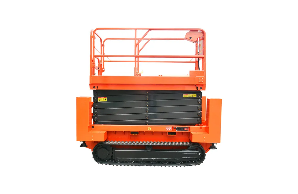 Folded Crawler Tracked Scissor Lift with Rubber Tracks – Rough Terrain Aerial Platform Orange tracked crawler scissor lift folded storage view, rubber track self-propelled aerial work platform with four hydraulic outriggers for uneven terrain
