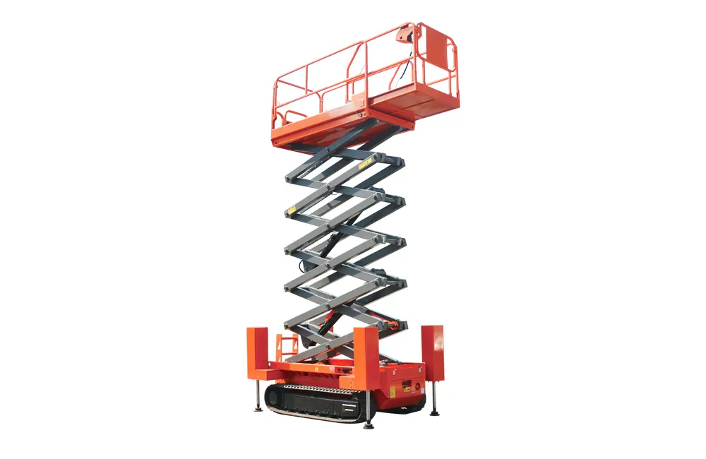 16M Max Height Crawler Tracked Scissor Lift for Uneven Terrain Aerial Jobs Fully lifted 16m crawler scissor lift with rubber tracks and hydraulic outriggers, self-propelled tracked aerial platform for uneven rough ground high altitude work