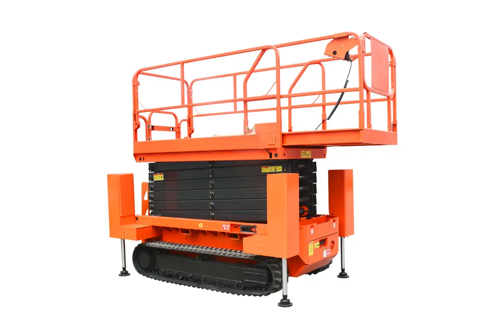 Tracked Crawler Scissor Lift with Extendable Platform & Hydraulic Outriggers Crawler scissor lift with extended platform, foldable safety guardrail and deployed hydraulic outriggers, tracked uneven ground aerial work platform for tight space operation