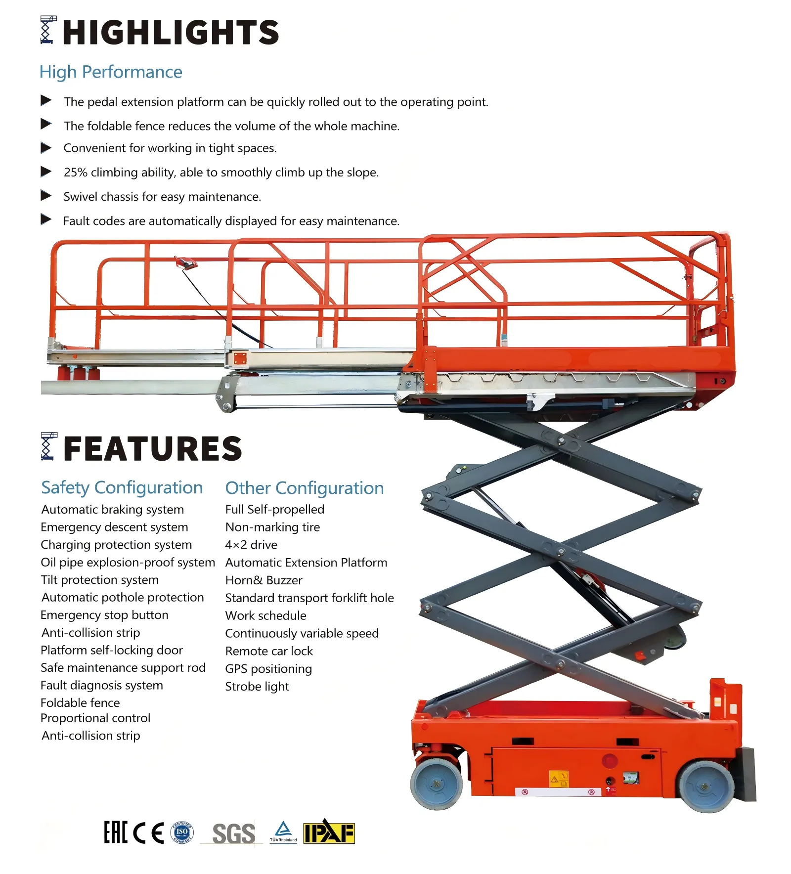 6M 8M double expansion scissor lift highlights safety performance dual extension aerial work platform specification chart