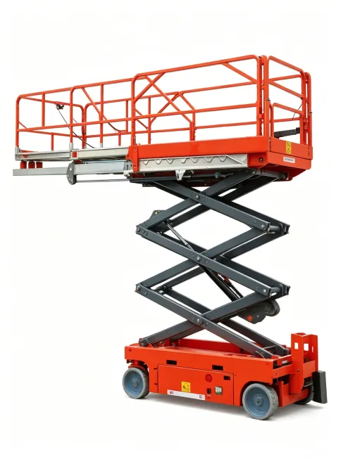 Side Profile Dual Extension Electric Scissor Lift 6/8 Meter High Reach Aerial Maintenance Platform Side view lifted 6M 8M double expansion scissor lift dual sliding platform electric aerial lift