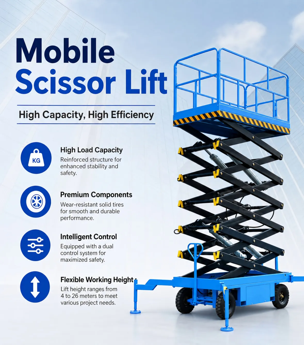 High capacity mobile scissor lift aerial work platform, electric hydraulic lifting equipment with dual intelligent control, solid wear-resistant tires, adjustable working height 4-26m for construction & industrial maintenance