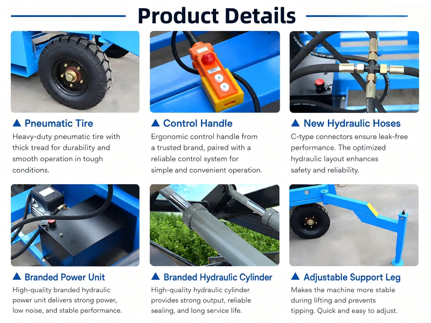 Mobile scissor lift spare parts close-up details: pneumatic tire, emergency stop control handle, leak-proof hydraulic hose, branded power unit, heavy hydraulic cylinder, adjustable safety support outrigger legs