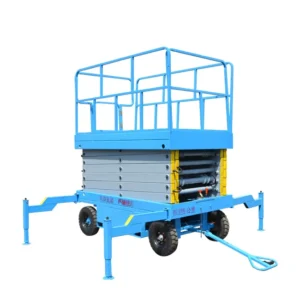 Home Towable mobile scissor lift blue unit with pulling handle, wheeled hydraulic aerial work platform with full safety railings and extendable stabilizers