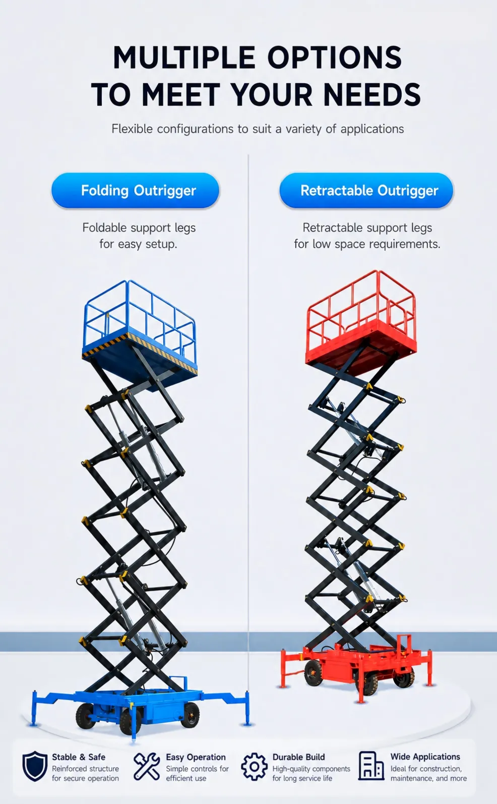 Two configuration options of mobile scissor lift: blue folding outrigger scissor lift vs red retractable outrigger hydraulic aerial work platform for narrow space and easy transportation