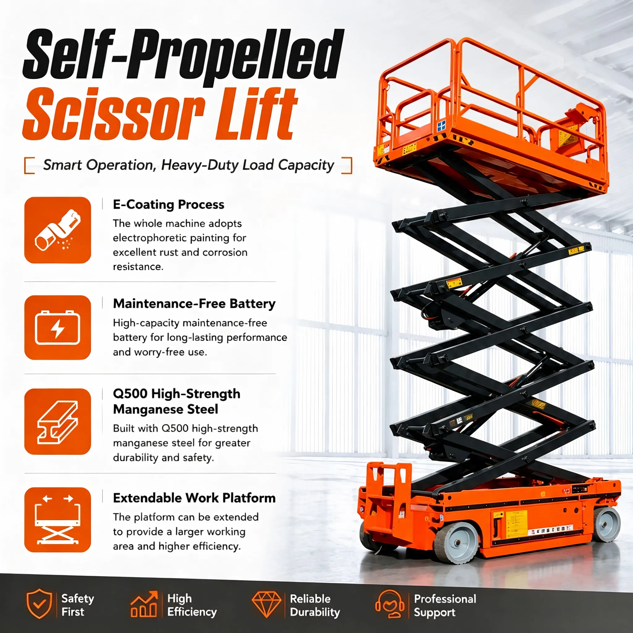 Self-propelled electric scissor lift Q500 manganese steel extendable work platform maintenance free battery electrophoretic coating rust resistant heavy load indoor aerial lift