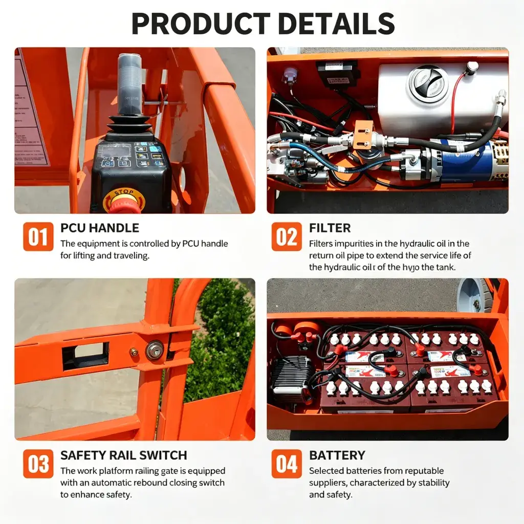 500KG Heavy-Duty 8-16M Scissor Lift | Electric Hydraulic Platform for Warehouse & Aerial Work Self-propelled electric scissor lift core components details, PCU joystick controller, hydraulic oil filter, safety rail interlock switch, maintenance lead-acid battery for aerial work platform