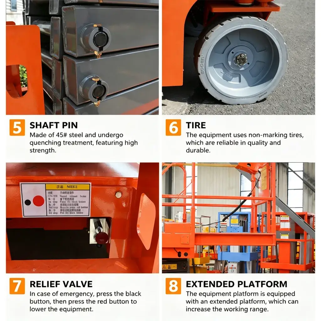 Self propelled scissor lift mechanical accessories closeup, 45# steel quenched pivot shaft pin, non-marking solid rubber tire, emergency relief valve, extendable work platform extension deck