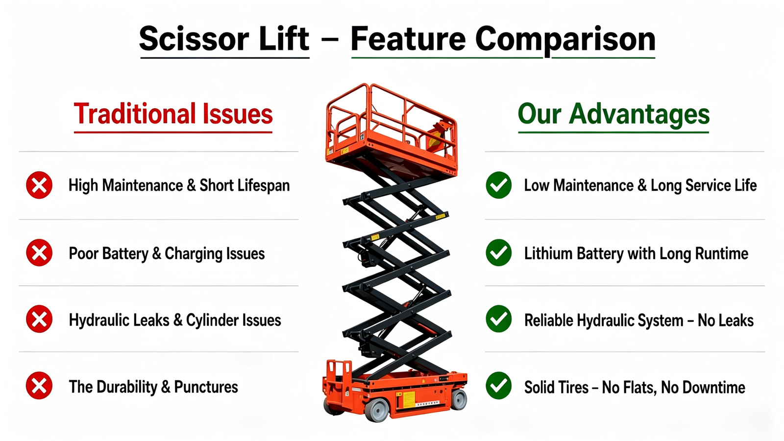 Electric scissor lift feature comparison chart low maintenance lithium battery leak-free hydraulic solid puncture-proof tires self-propelled aerial lift advantages vs traditional scissor lifts