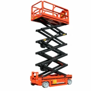 Home Rear view raised electric hydraulic scissor lift self propelled aerial work platform industrial lift