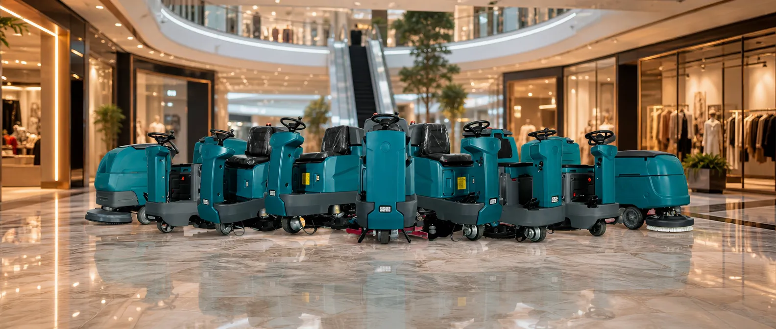 Multiple riding floor scrubbers display in shopping mall, commercial floor washer cleaner machine for mall hard floor maintenance