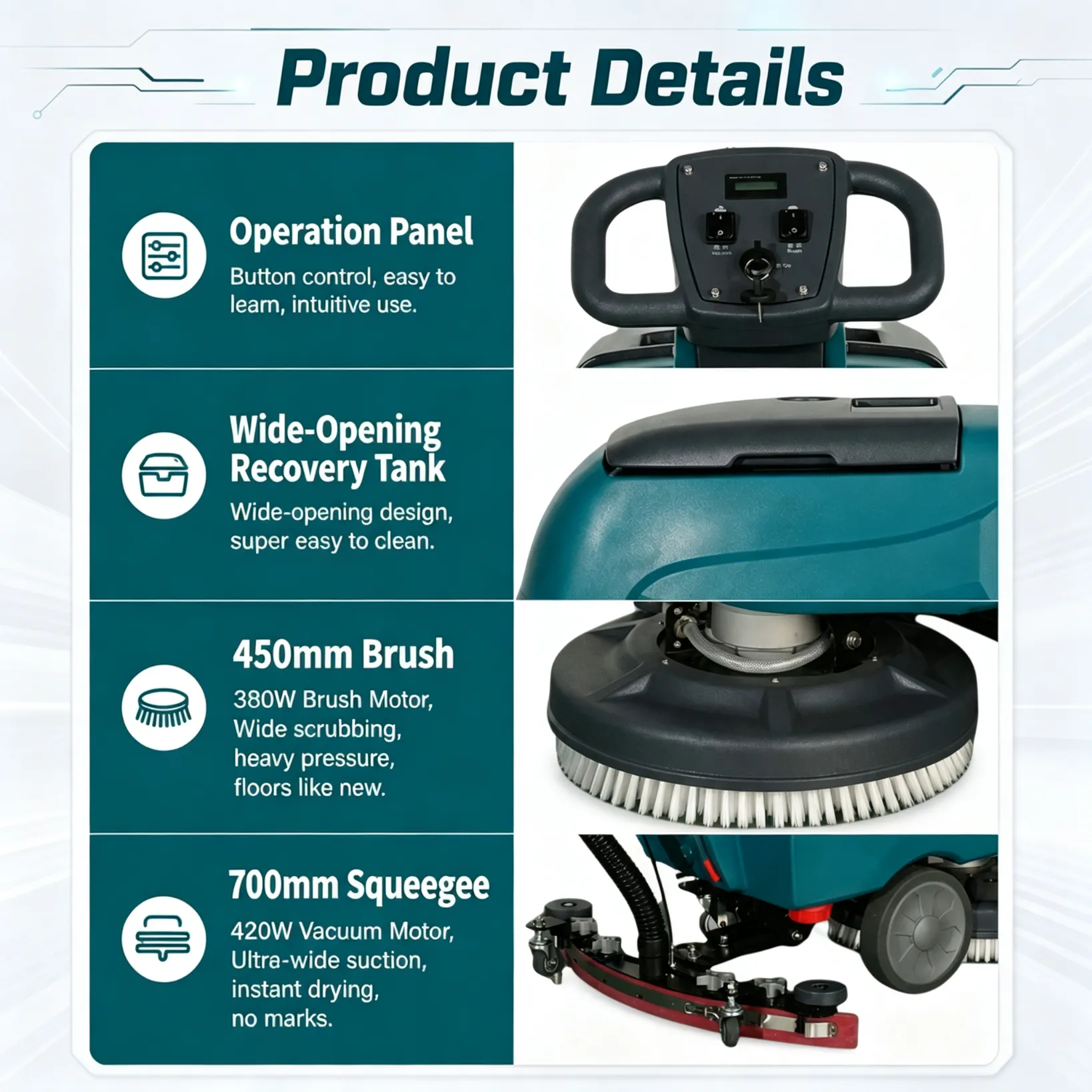 B450 hand pushed floor scrubber product details, control operation panel, large open recovery tank, 450mm cleaning brush with 380W motor, 700mm rubber water suction squeegee, industrial walk behind floor washing machine parts close-up