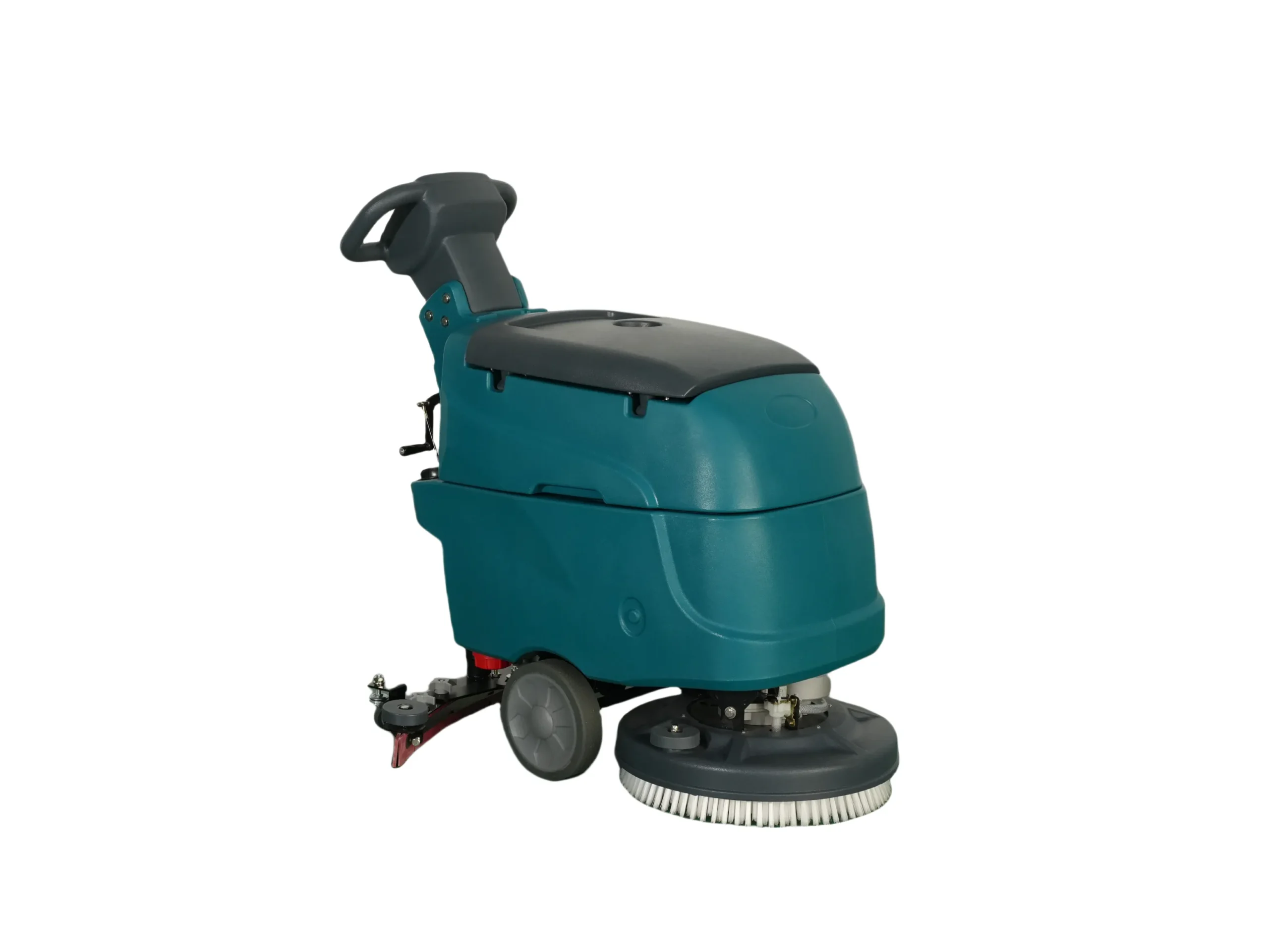 Multi-angle View of B450 Walk-Behind Floor Scrubbing Machine, 2.5H Working Time Commercial Floor Cleaning Equipment Side profile of B450 Hand-Pushed Industrial Floor Scrubber, Compact Size Battery Operated Floor Washer for Concrete Terrazzo Epoxy Floor