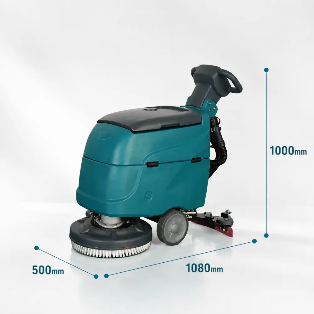 Dimension diagram of B450 hand push floor scrubber, overall size 1080mm length 1000mm height 500mm brush width, compact walk-behind industrial floor cleaner measurement chart