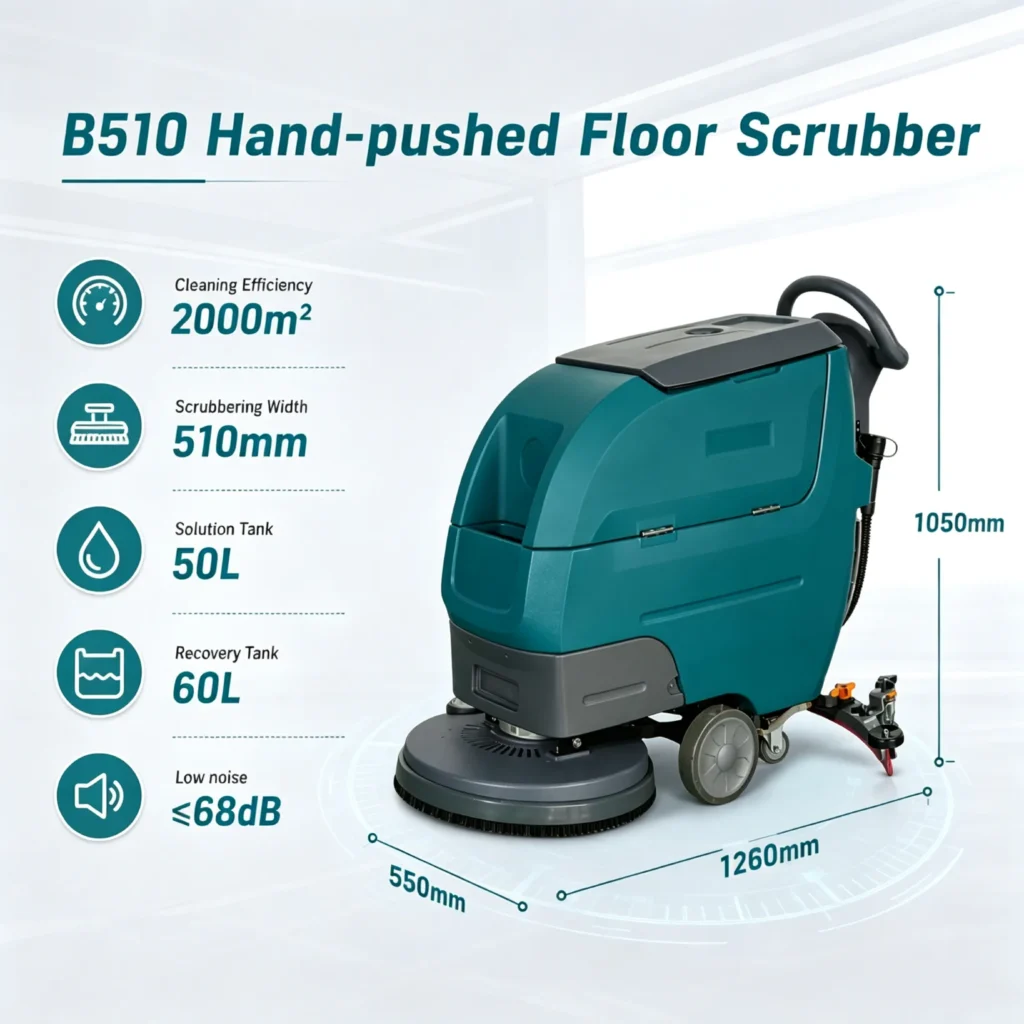 B510 Hand Push Floor Scrubber Compact Commercial Floor Scrubber Dryer, Cordless Electric Floor Washing Machine for Restaurant Gym Clinic Vinyl Marble Tile Flooring B510 hand-pushed floor scrubber full machine specification diagram, 510mm scrub width, 2000㎡ hourly efficiency, 50L solution tank 60L recovery tank, low noise ≤68dB, dimension size marked industrial floor washer