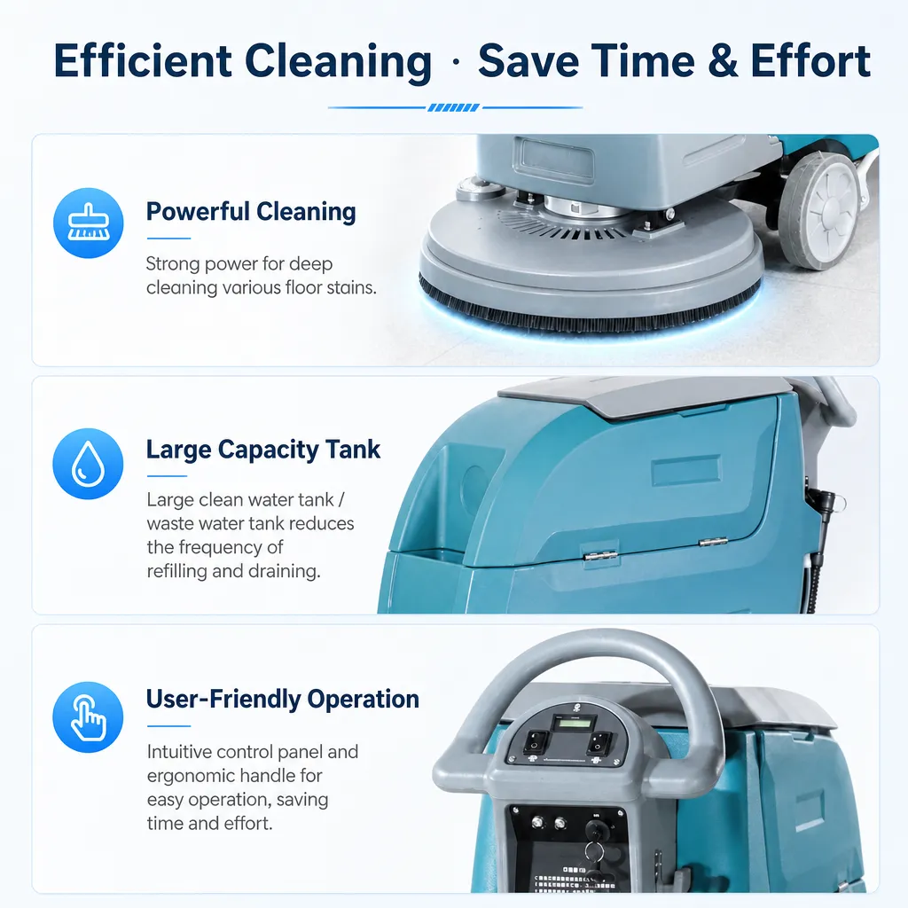 B510 hand pushed floor scrubber key features display, powerful deep cleaning brush head, large clean and waste water tank, ergonomic easy operation control panel, commercial industrial floor cleaning machine
