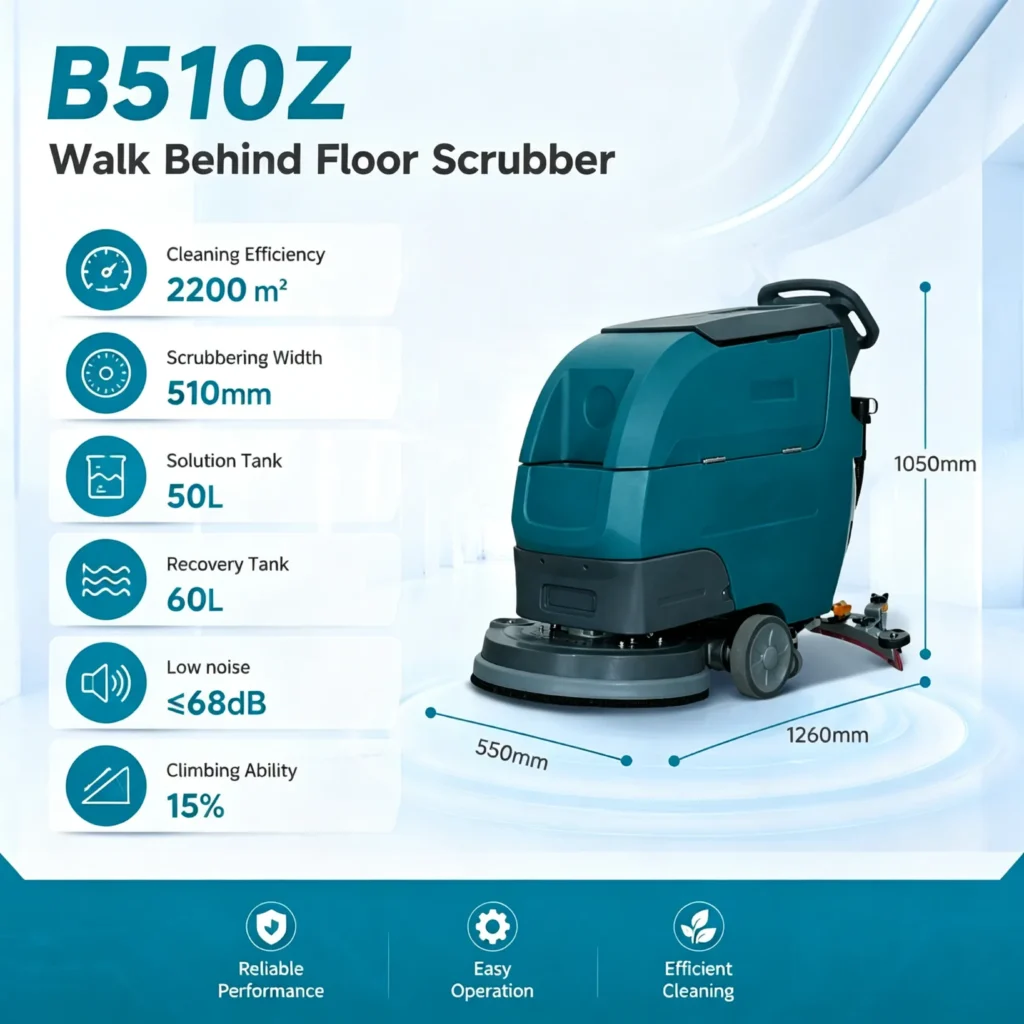 B510Z walk-behind floor scrubber full specifications diagram, 2200㎡/h efficiency, 510mm scrub width, 15% climbing ability, low noise ≤68dB commercial floor cleaning machine