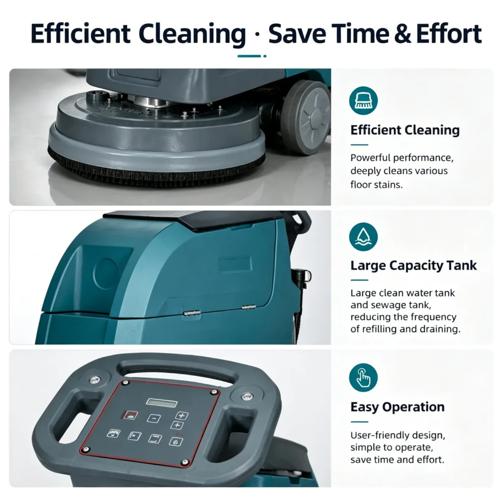B510Z walk-behind floor scrubber main features: powerful deep cleaning brush head, large clean & sewage tank, simple intuitive control panel commercial floor washer