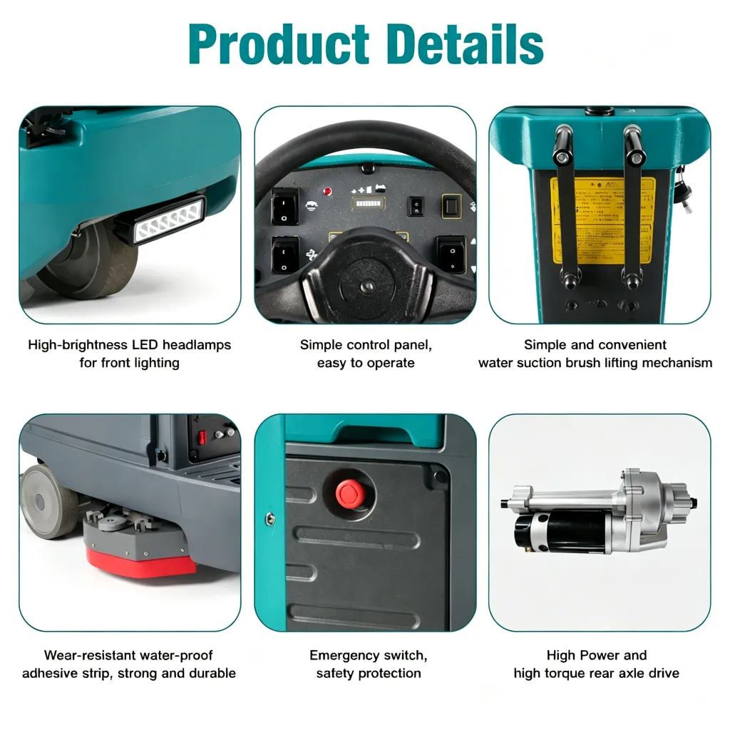 C710 ride-on floor scrubber spare parts close-up details: LED headlight, simple steering control panel, suction squeegee lifting mechanism, wearproof waterproof squeegee strip, emergency stop safety switch, high torque rear drive motor, commercial floor washer component diagram