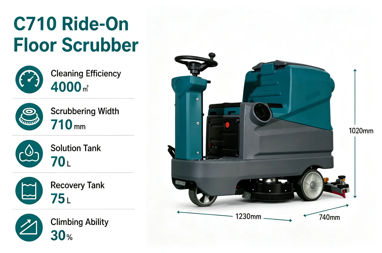 C710 Ride-on Floor Scrubber industrial auto floor cleaning machine with 710mm scrub width, 4000㎡ per hour cleaning efficiency, commercial electric floor washer for warehouse supermarket factory hard floor cleaning