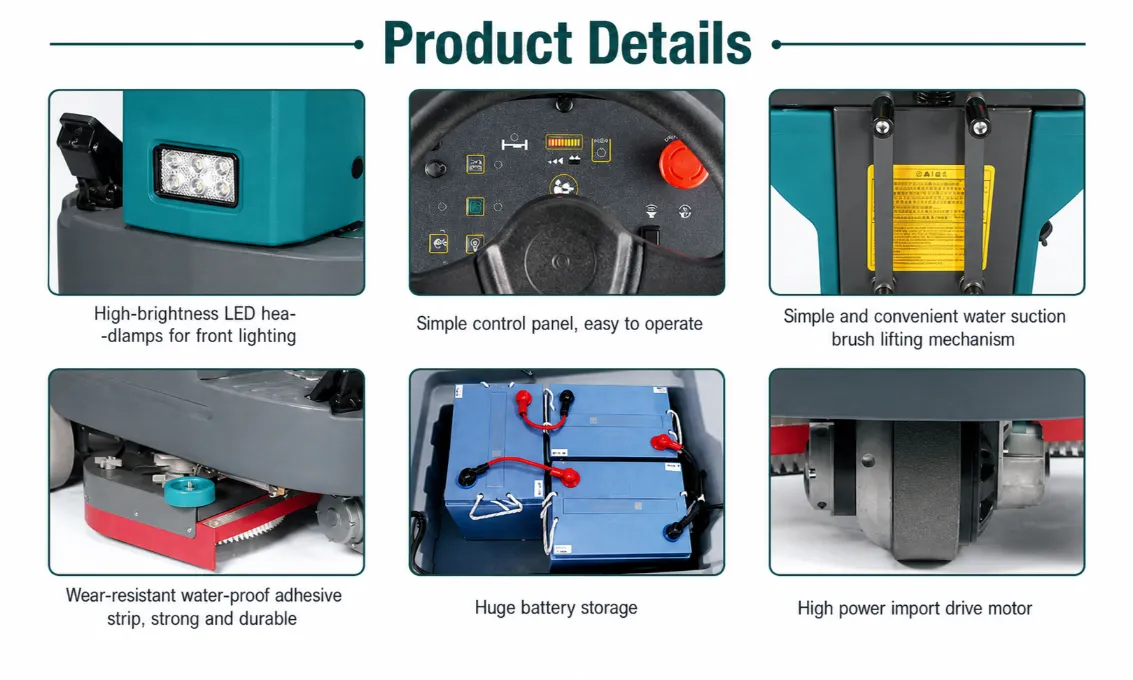 C810 ride-on floor scrubber core component details: LED headlight, easy control panel, squeegee lift mechanism, waterproof squeegee strip, large battery compartment, imported high power drive motor