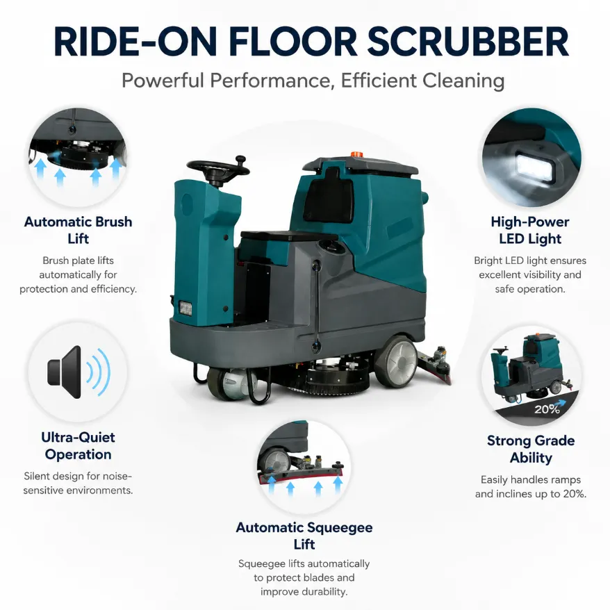 C810 Ride-on Floor Scrubber main advantages: auto brush lift, auto squeegee lift, ultra quiet running, high brightness LED lamp, 20% slope climbing capacity commercial floor cleaner