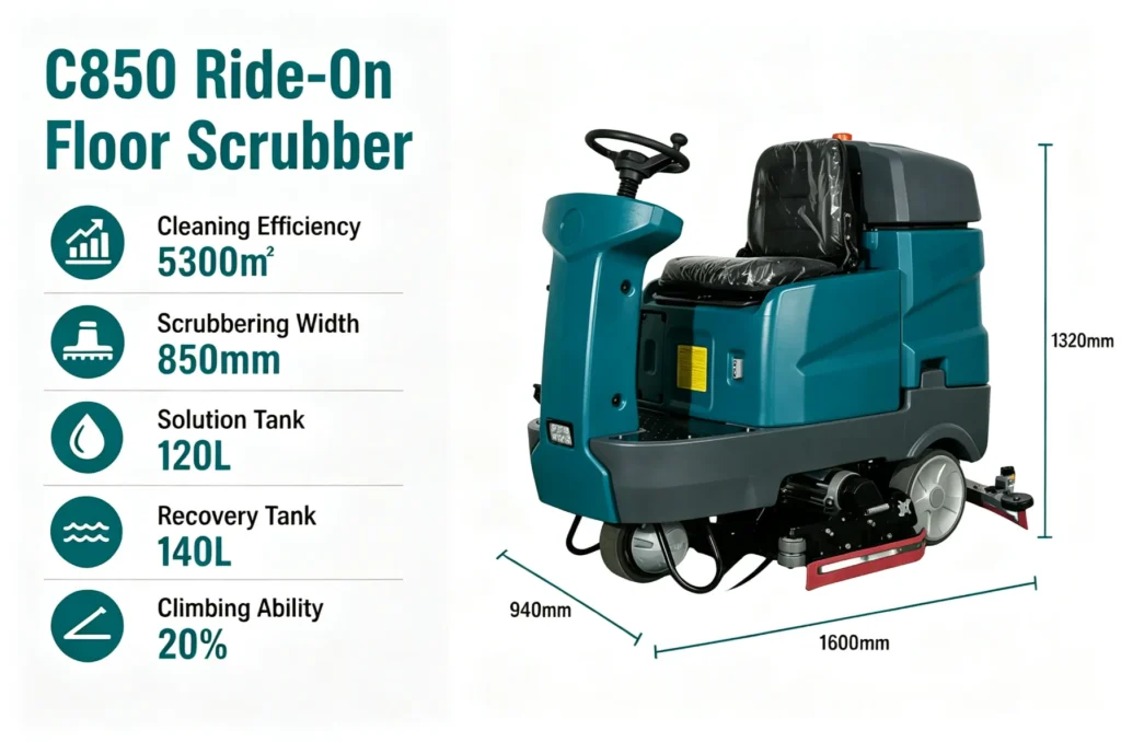 C850 Ride-on Floor Scrubber commercial industrial floor washer with 850mm scrub width, 5300㎡/h efficiency, 120L solution tank, 140L recovery tank for factory warehouse mall floor cleaning