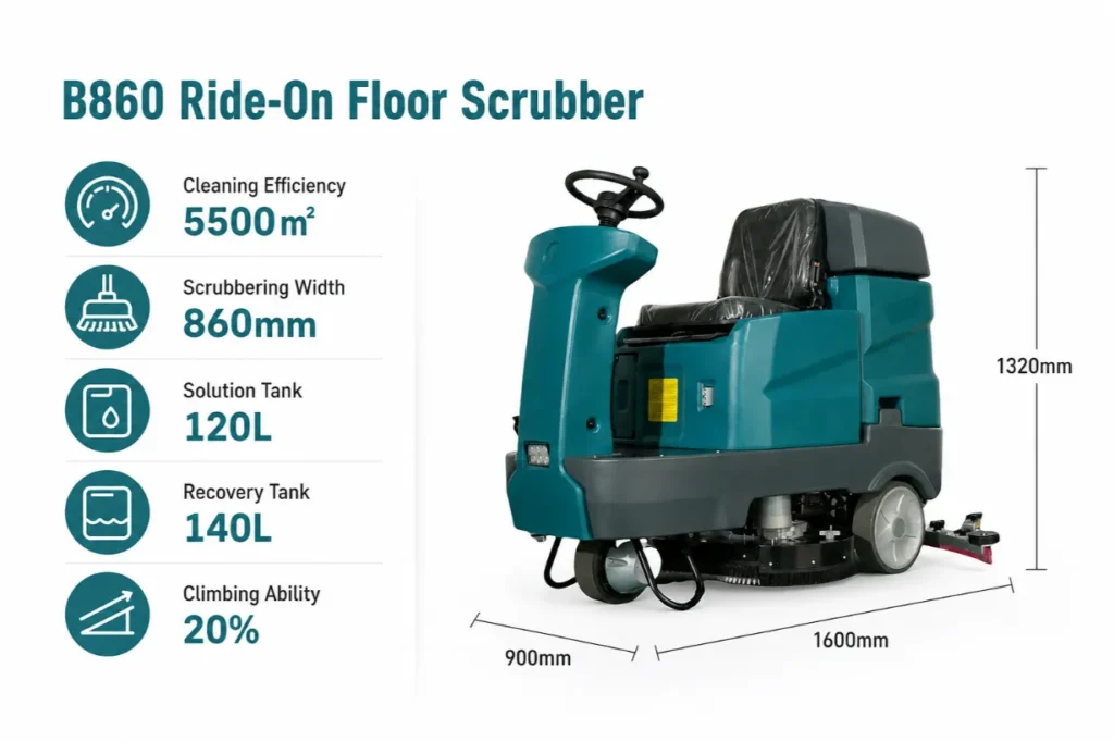 B860 Ride-on Floor Scrubber industrial floor washer with 860mm scrub width, 5500㎡/h efficiency, 120L solution tank, 140L recovery tank, 20% climbing gradient