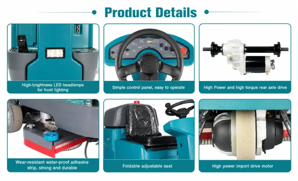 B860 ride-on floor scrubber spare parts close-up: LED headlight, simple control panel, high torque rear drive, waterproof squeegee strip, foldable seat, imported drive motor