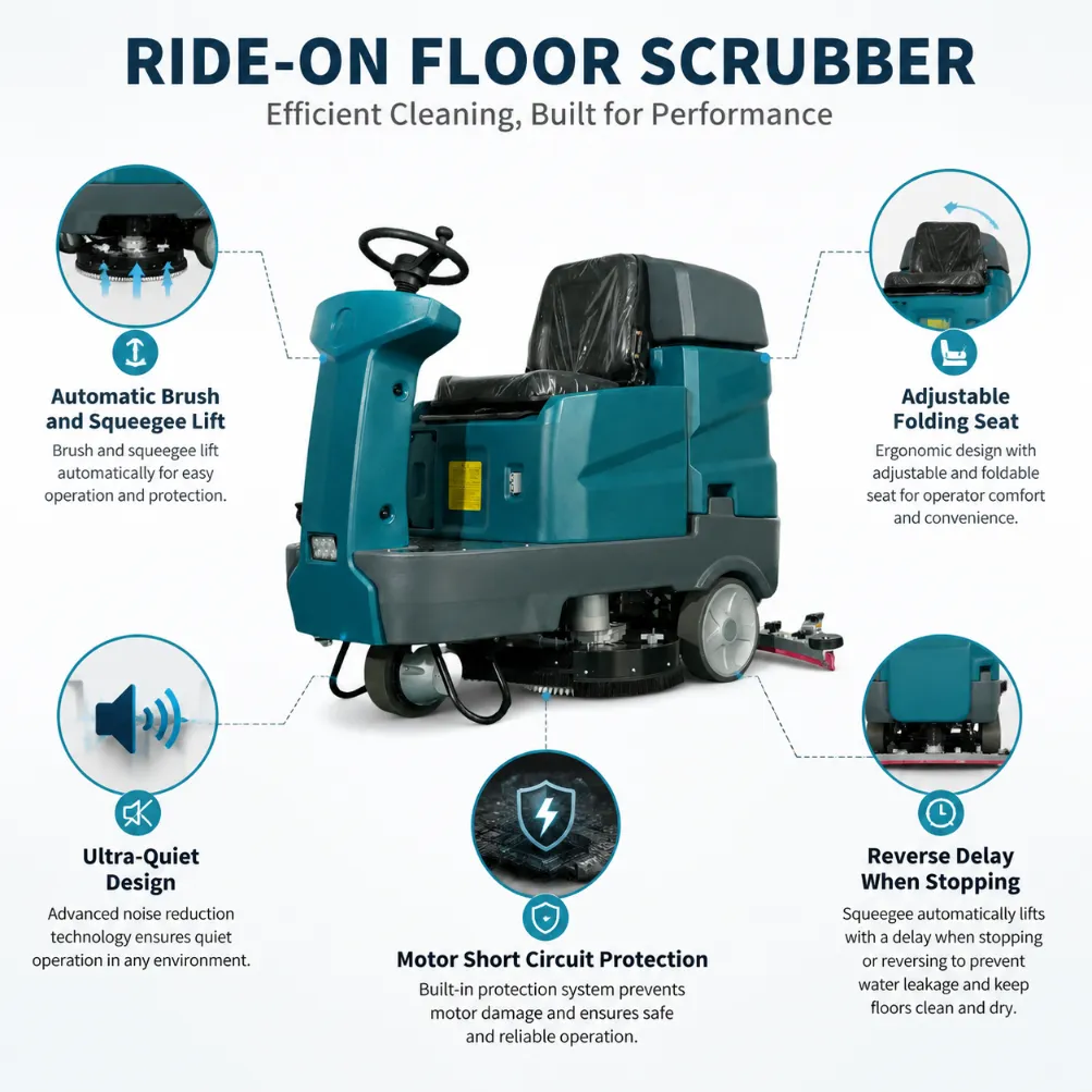 B860 Ride-on Floor Scrubber commercial floor cleaner with auto brush squeegee lift, foldable seat, ultra quiet design, motor protection, reverse delay function