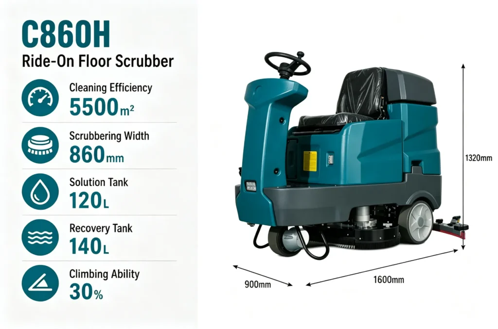 C860H Ride-on Floor Scrubber heavy-duty industrial floor washer, 5500㎡/h efficiency, 860mm scrub width, 120L solution tank, 140L recovery tank, 30% strong climbing capacity
