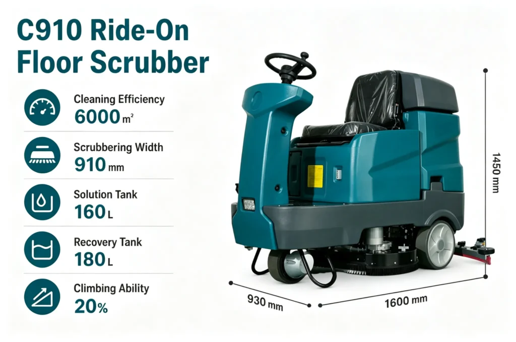 C910 Ride-on Floor Scrubber industrial floor washer, 6000㎡/h efficiency, 910mm scrub width, 160L solution tank, 180L recovery tank, 20% climbing capacity