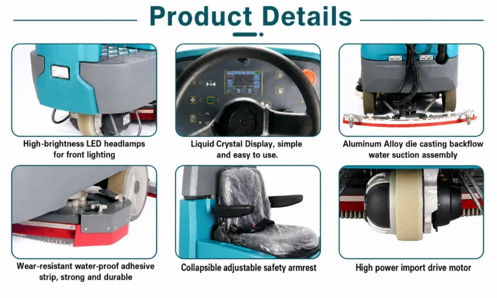 C910 Ride-on Floor Scrubber Battery Powered Automatic Scrubber Dryer, Heavy Duty Industrial Floor Washing Machine for Warehouse Factory Epoxy Concrete Tile Hard Floors C910 Ride-on Floor Scrubber parts details: LED headlight, LCD control panel, aluminum suction assembly, wearproof squeegee strip, foldable armrest seat, high power drive motor