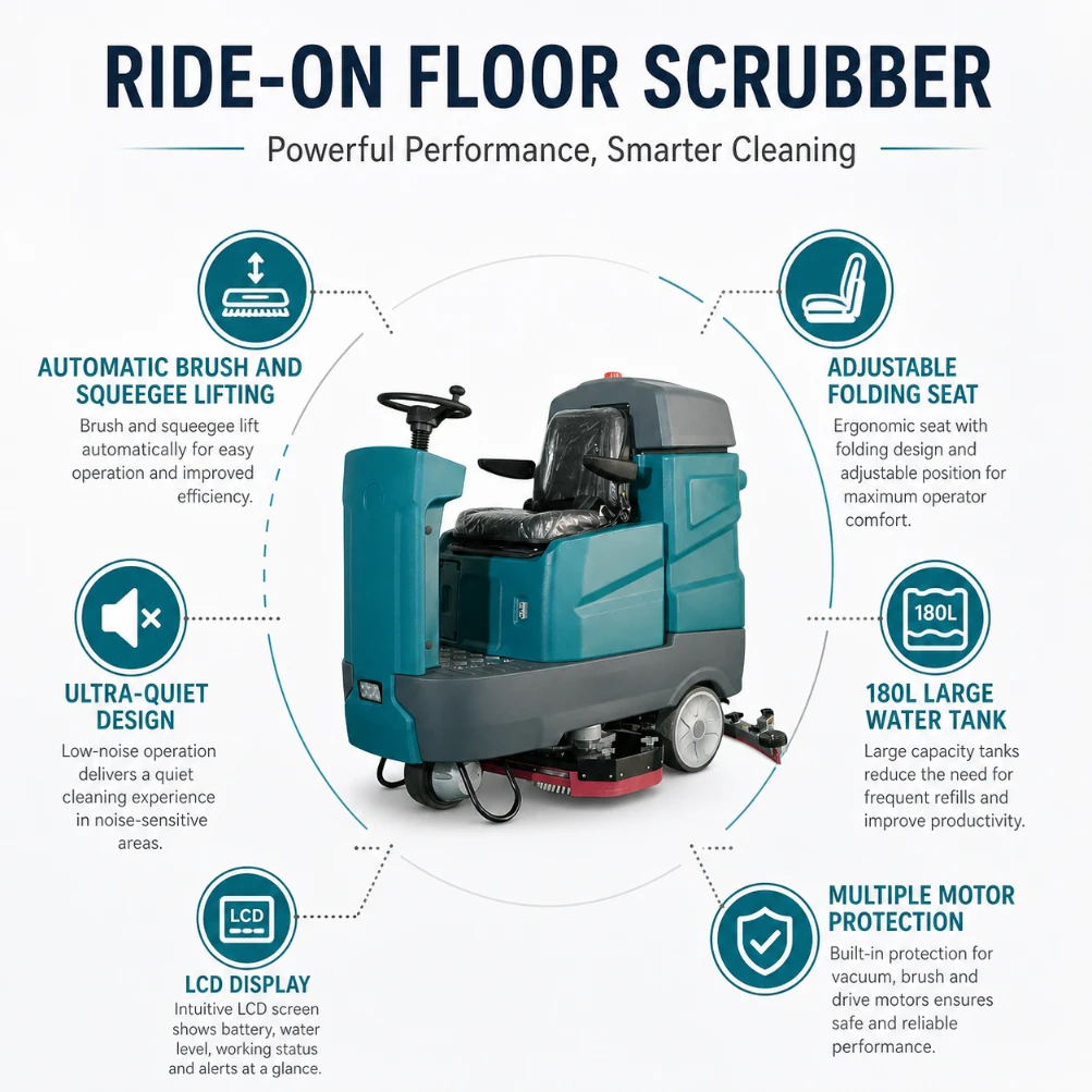 C910 Ride-on Floor Scrubber commercial cleaner with auto brush squeegee lift, ultra quiet design, LCD screen, foldable seat, 180L large tank, multi-motor protection
