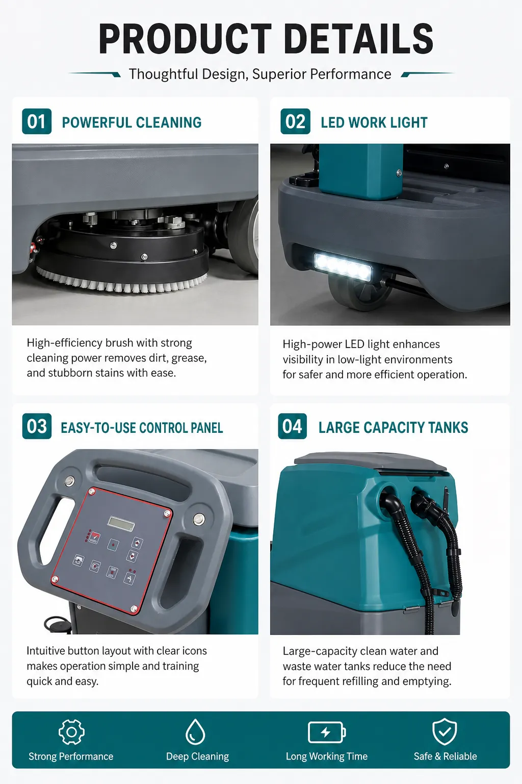B560 ride-on floor scrubber product details: powerful cleaning brush, LED work light, easy control panel, large clean & waste water tanks for commercial cleaning