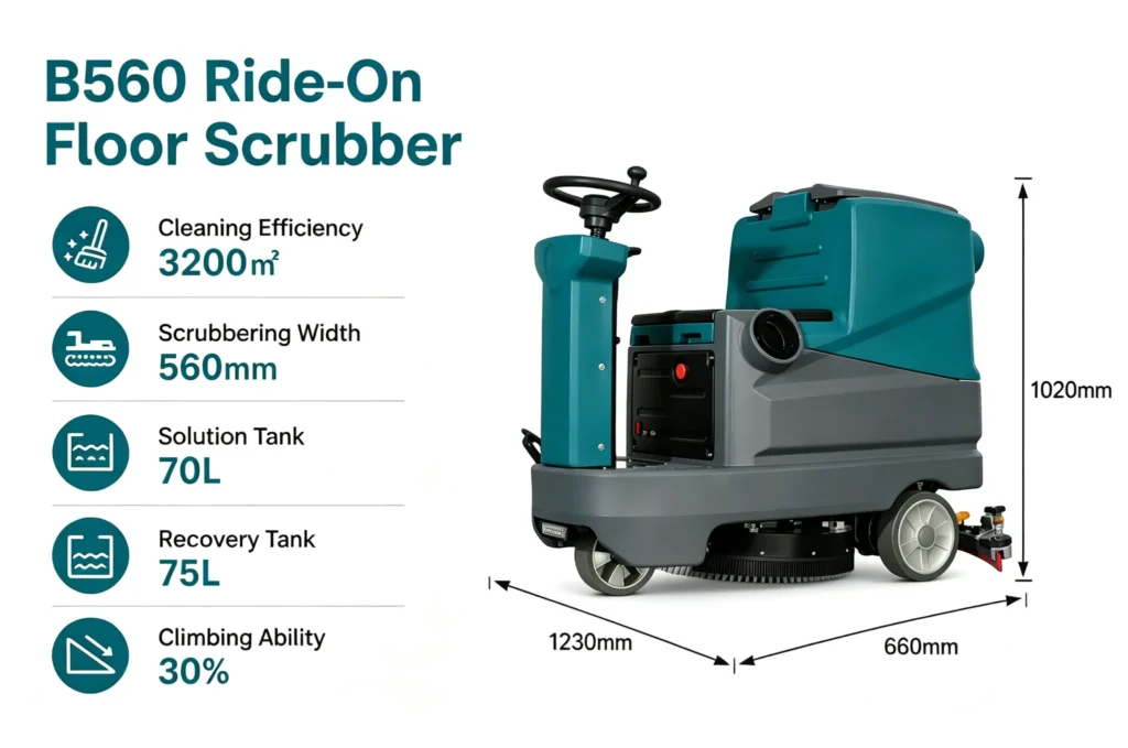 B560 Ride-On Floor Scrubber dimension & technical specs diagram, 560mm scrub width, 3200㎡ hourly efficiency, 70L solution tank, 75L recovery tank, 30% climbing slope