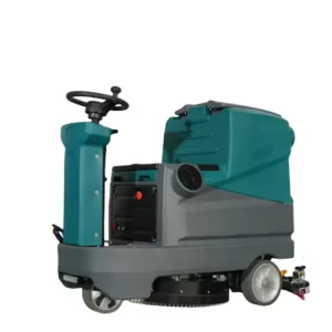 Home Front view B560 ride-on floor scrubber with steering wheel control panel, emergency stop button, battery powered industrial floor scrubbing machine